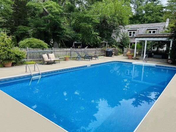 Large salt water pool + hot tub + grill + gazebo w seating area, small fridge