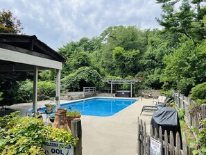 Large salt water pool + hot tub + grill + gazebo w seating area, small fridge