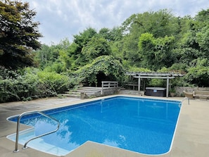 Large salt water pool + hot tub + grill + gazebo w seating area, small fridge