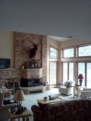 View of the living room with fireplace.