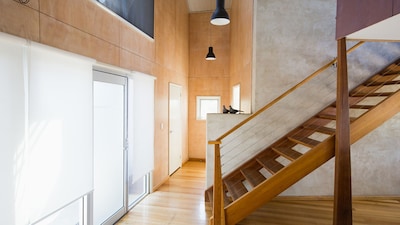 Studio front door and stairs to loft bedroom