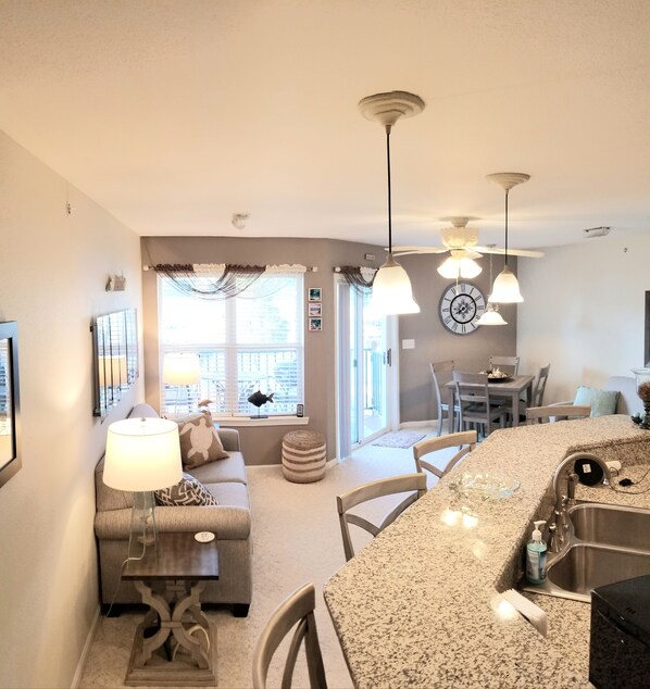 Lake views from the kitchen, living room & dining area