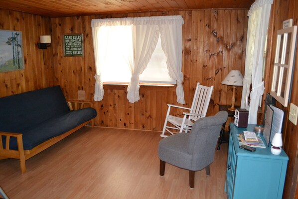 View of our living with a full size futon