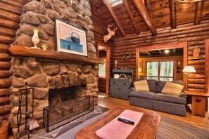  Handlaid riverrock Floor to ceiling fireplace. 