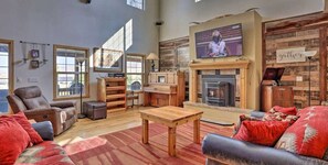 Great room with pellet stove and big screen TV