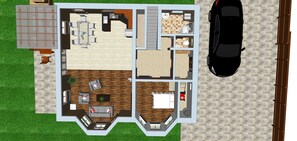 First floor. Large living room with kitchen. Bedroom. Bathroom. Toilet.