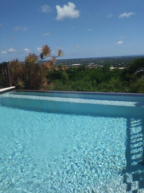 An infinity edge pool overlooks the Barbados countryside.