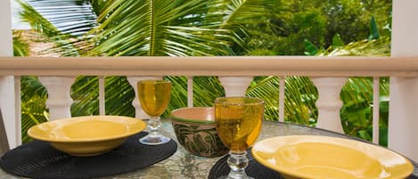 Outdoor table, overlooking the pool area