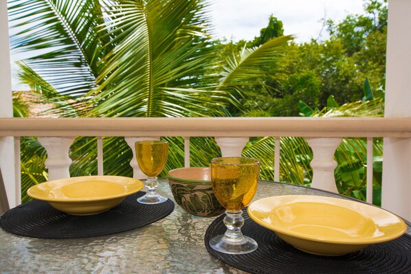 Outdoor table, overlooking the pool area