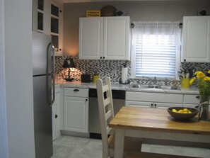 Eat in kitchen is fully equipped and cheerfully decorated. Accommodates 6-8.