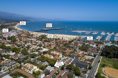 Aerial view of Cottage Location-blocks to Harbor. 4 blocks to Stearn's Wharf