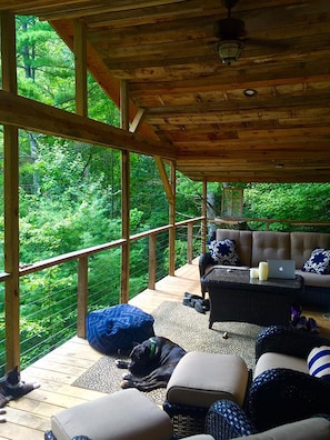 Big deck off living room with view of mountain and woods.