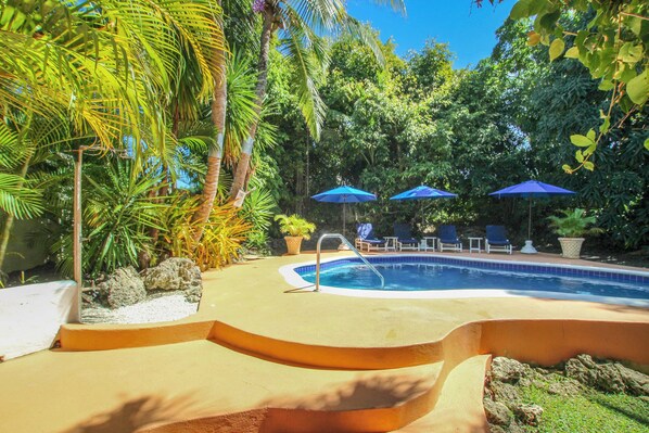 Designed in the shape of Barbados! Relax on one of the many sun loungers under the umbrella