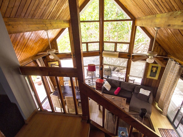 View from the loft, cedar ceiling and wall of windows facing backyard