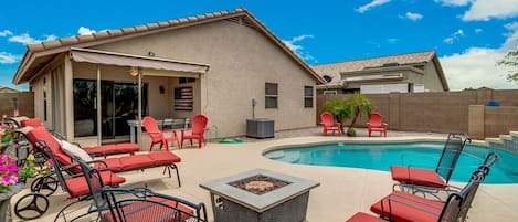 Relax by the Heated Pool & Enjoy the gas Firepit at night