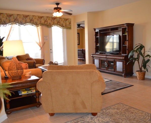 Giant flat screen TV in living room. There is also a Blu-ray DVD player and Wii