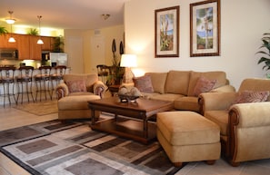 Spacious living room and gorgeous kitchen. 