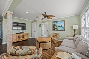 The indoor decor is luxurious while providing the atmosphere of a beach cottage.