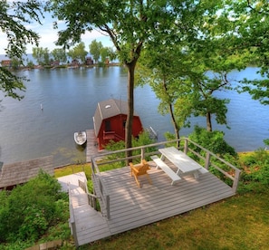 View from above of deck and boathouse area.