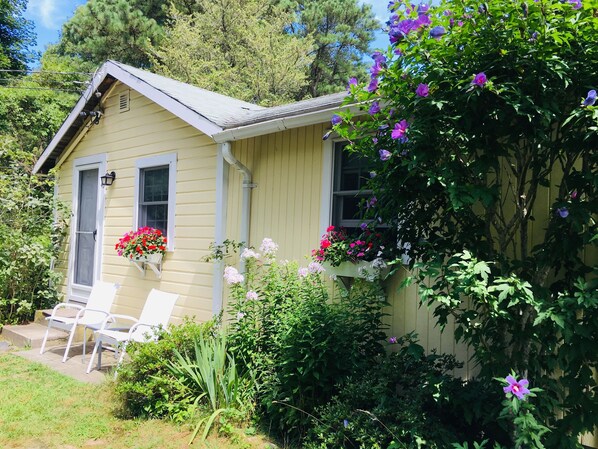 Charming cottage with flowers in bloom 