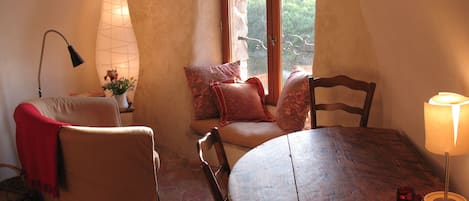 View of dining table and window nook