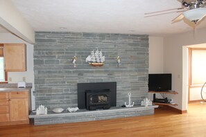 Fireplace seen from the living room couch.