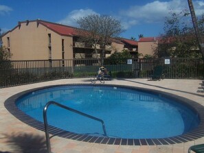 One of 3 swimming pools on property, one per building