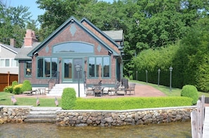 View of house from Water, steps to sandy swimming area