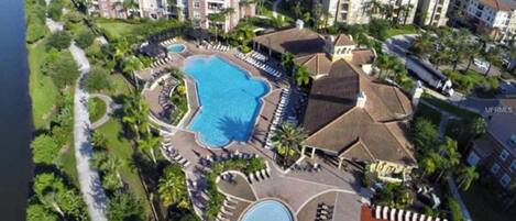 Arial view of Vista Cay main pool area and clubhouse. Condo is nearby 
this pool