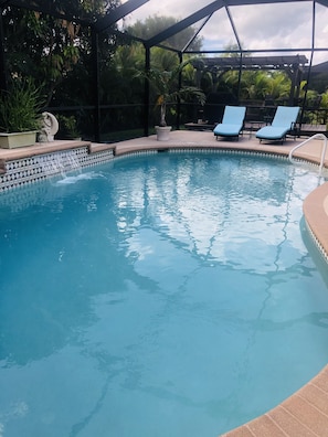 Total privacy around the pool with palm trees surrounding the lanai. 
