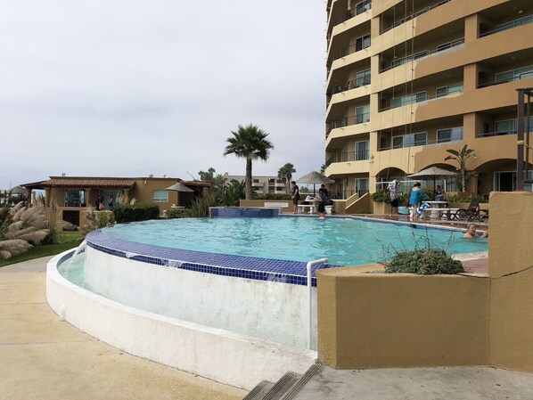 Community pool, and gated community on the beach