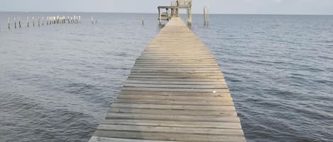 350 foot pier with two swings, a hammock, water, lights, fishing deck 