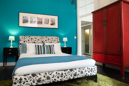 BLUE bedroom with double bed.