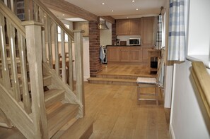 View across dining area to kitchen