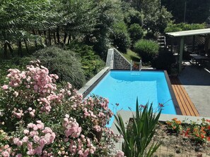 swimming pool and adjacent patio and dining area