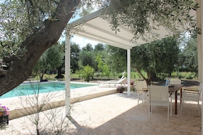 Furnished patio with retractable awning