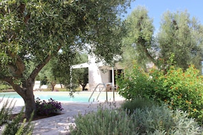 Pool and house seen from the olive grove