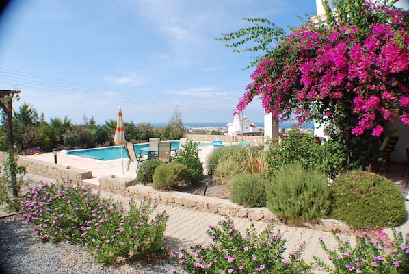 Kyrenia and sea view over mature garden and pool