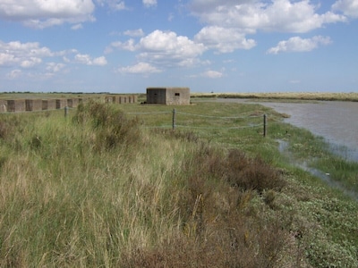 Stunning sea views in the Essex marshes over the sea wall next to nature reserve
