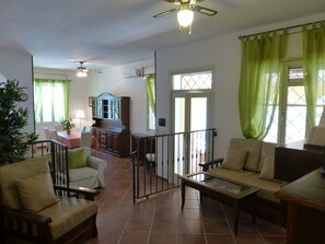 View from living room towards kitchen and dining area.