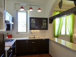 Kitchen serving counter to dining area