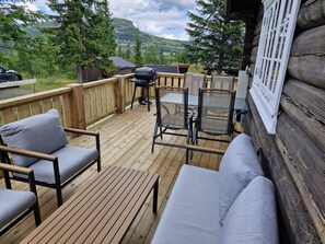 Deilig terrasse med komfortable møbler og gassgrill 
