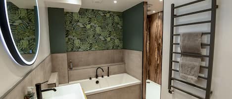 luxury family bathroom with spacious walk in shower & underfloor heating
