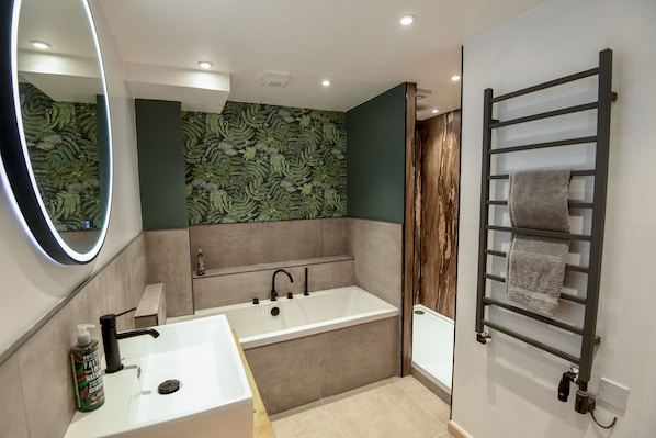 luxury family bathroom with spacious walk in shower & underfloor heating