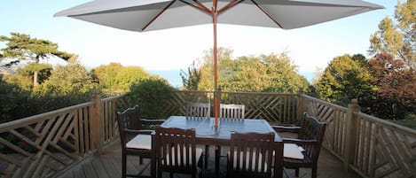 Large, secluded sunshine decking with wonderful sea views.