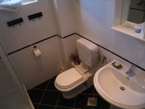 Barthroom with enclosed shower.