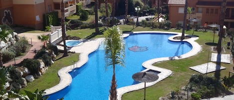 The view from the balcony over the main pool and down to the Mediterranean.