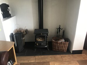 Log burner in living room.