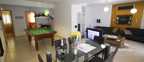 Open Plan Layout with Dining Area, Snooker Table, Entrance to Spare and Main Bed