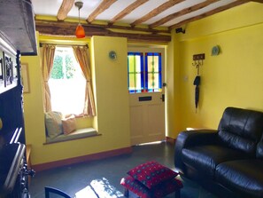 Stained glass window and window seat
